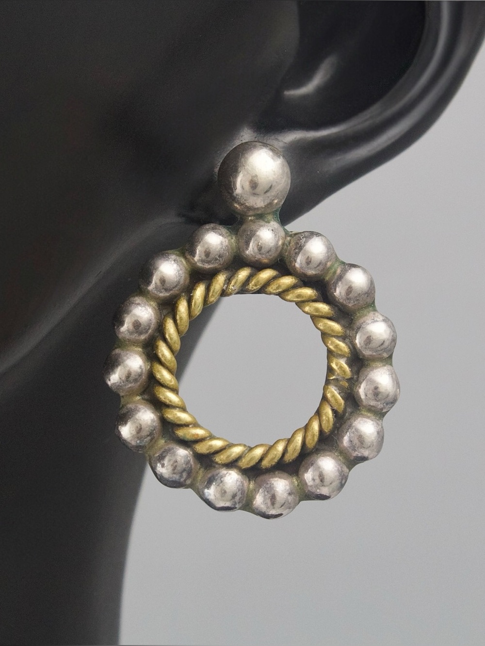 Vintage Taxco Sterling Silver and Brass Earrings Twisted Cable Beaded Border